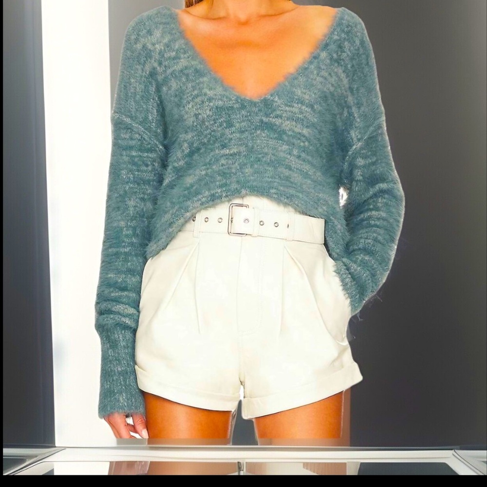 Free People Serendipity Sweater Storm Combo Oversized V-Neck Soft Furry Sz Small